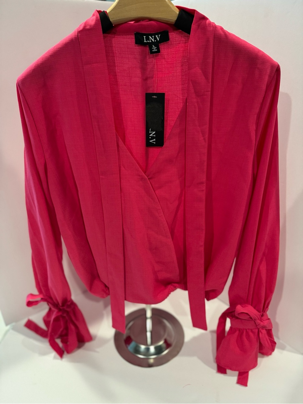 NWT L.N.V Hot Pink Self Tie Neck Blouse Size Large Long Sleeve Wrap Top